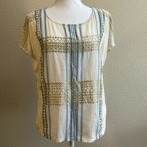 J Crew XS White Blue Striped Blouse Gold Embroidery Short Sleeve